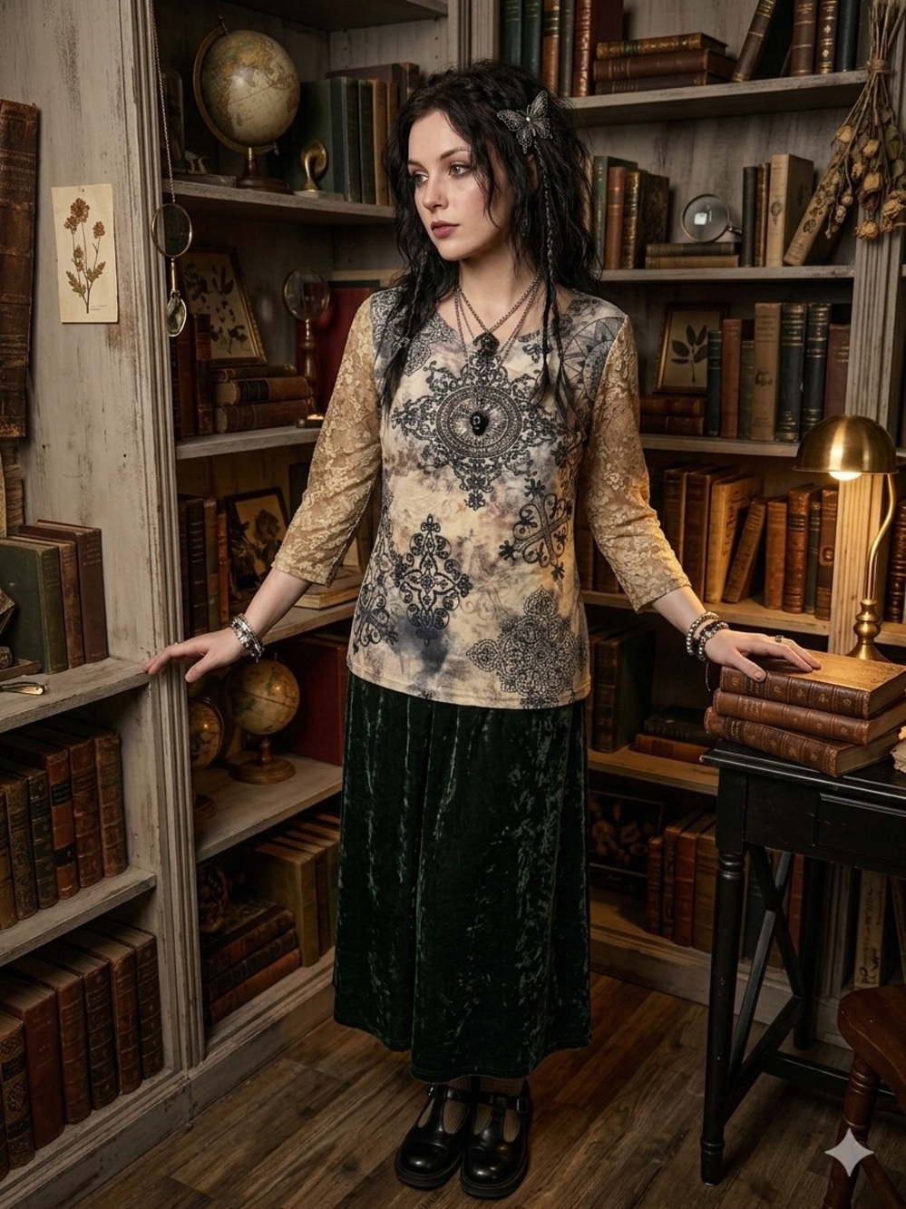 Women’s Whimsigoth Intricate Damask Dark Academia 3/4 Lace Sleeve Top Size 2X